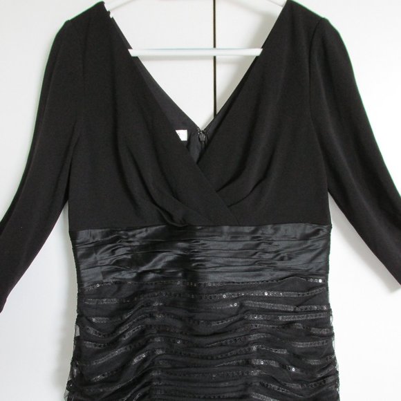 Kay Unger Black Sequin Tulle Skirt Rusched Silk Midriff 3/4 Sleeve Dress No Size - Picture 3 of 13